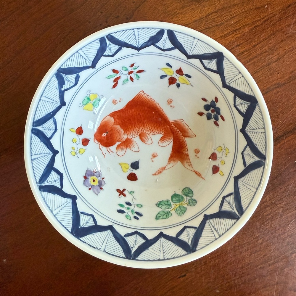 Decorative Asian koi Fish Bowl with Blue and Red hand painted Design